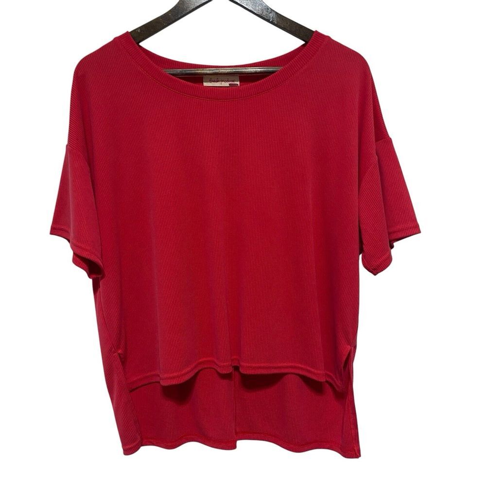 Fresh Produce TShirt Womens L Red Ribbed Short Sleeve High Low Hem Stretchy Top